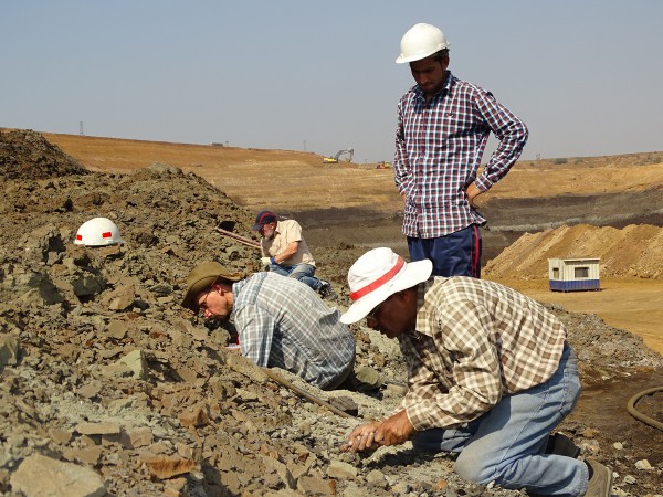 02 The work begins slowly to relocate fossil layers. From front to back: Kishor Kumar (Wadia Inst.), Satich (Garhwal Univ.), Thierry Smith (RBINS), Ken Rose (Johns Hopkins Univ.)