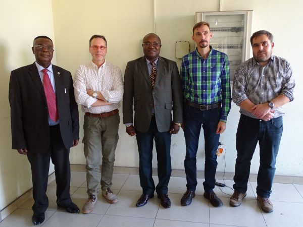 01 The Belgian team invited at the Ministry of Scientific Research and Technology in Kinshasa (from left to right: Valentin Kanda Nkula, General Director of CRGM; Thierry De Putter, Head of Service Geodynamic and Resources RMCA; Florimond Nyamoga Kabanda, Minister’s chief of staff; Thierry Smith, Coordinator PalEurAfrica Project, RBINS; Florias Mees, Curator of Geology-Paleontology collections RMCA)